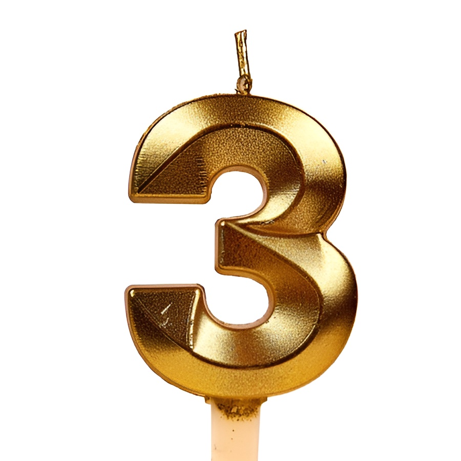 Свеча для торта, цифра "3", золото, 5 см