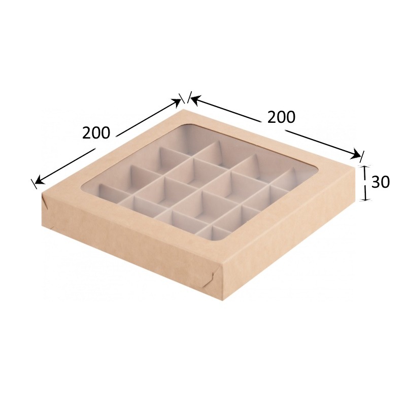 Коробка для 16 конфет крафт с окном 20*20*3 см