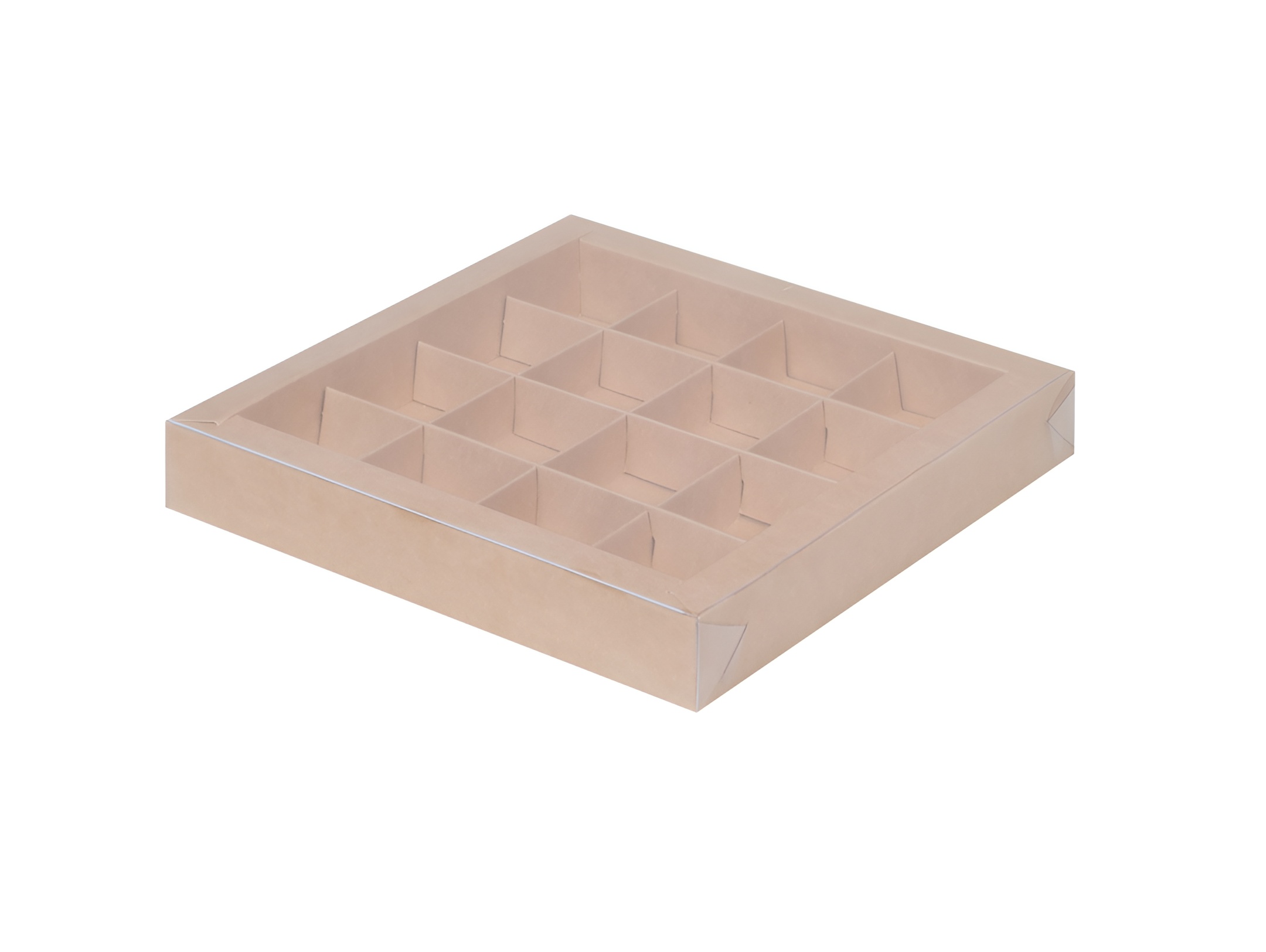 Коробка для 16 конфет крафт с пластиковой крышкой 20*20*3 см