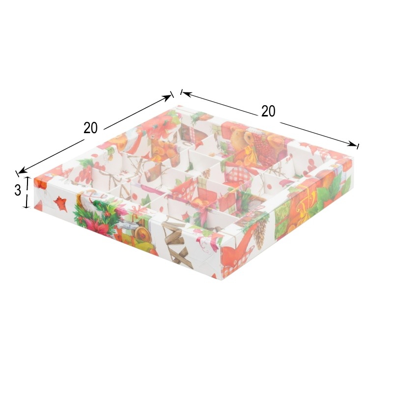 Коробка для 16 конфет "XMAS" с пластиковой крышкой 20*20*3 см